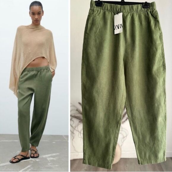ZARA Women's Linen Olive Green Trousers Pants Size medium - Picture 1 of 11
